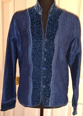 Chicos Vintage Blue Silk Velvet Beaded Mixed Media Jacket Blazer Size 0 Small